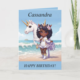Chibi Girl Unicorn am Strand Geburtstagskarte Feiertagskarte