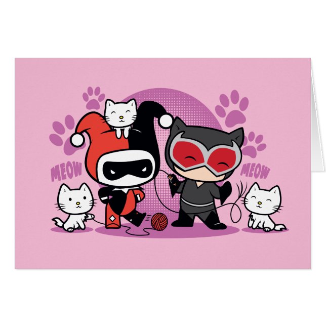 Chibi Harley Quinn & Chibi Catwoman mit Katzen (Vorderseite (Horizontal))