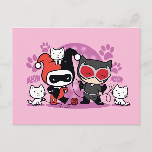 Chibi Harley Quinn & Chibi Catwoman mit Katzen Postkarte (Vorderseite)