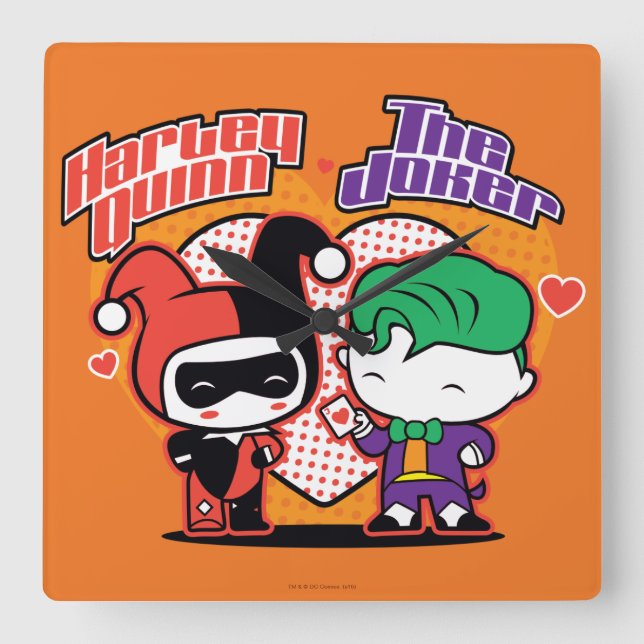 Chibi Harley Quinn & Chibi Joker Hearts Quadratische Wanduhr (Vorderseite)