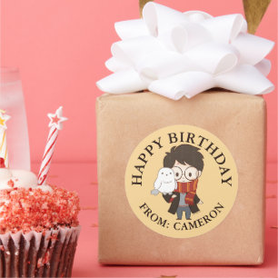 Chibi HARRY POTTER™ & Hedwig Happy Birthday Runder Aufkleber