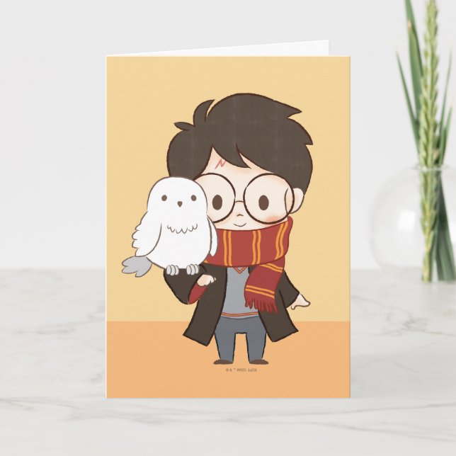 Chibi HARRY POTTER™ & Hedwig Karte (Vorderseite)