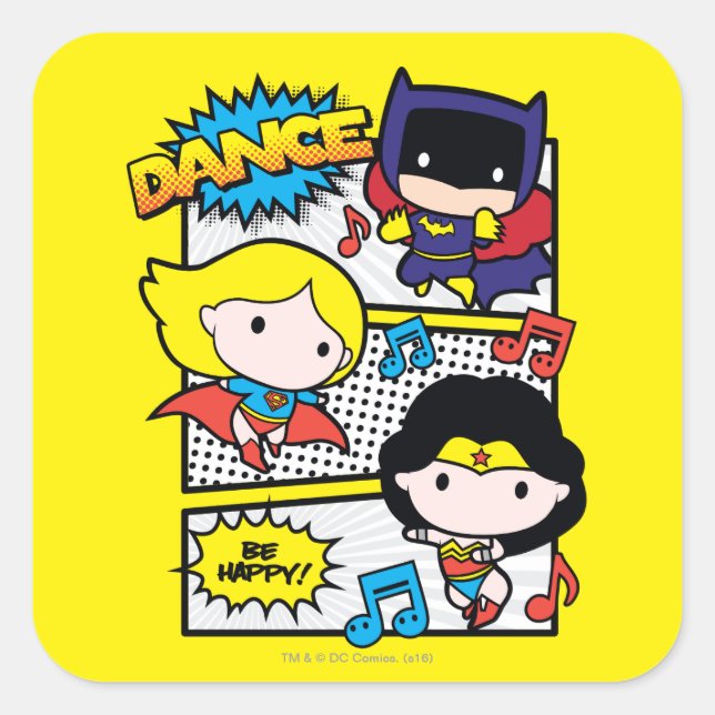 Chibi Heroes Tancing Quadratischer Aufkleber (Vorderseite)
