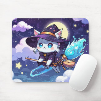 Chibi-Hexenkatze fliegt am Sternenhimmel – Kawaii  Mousepad