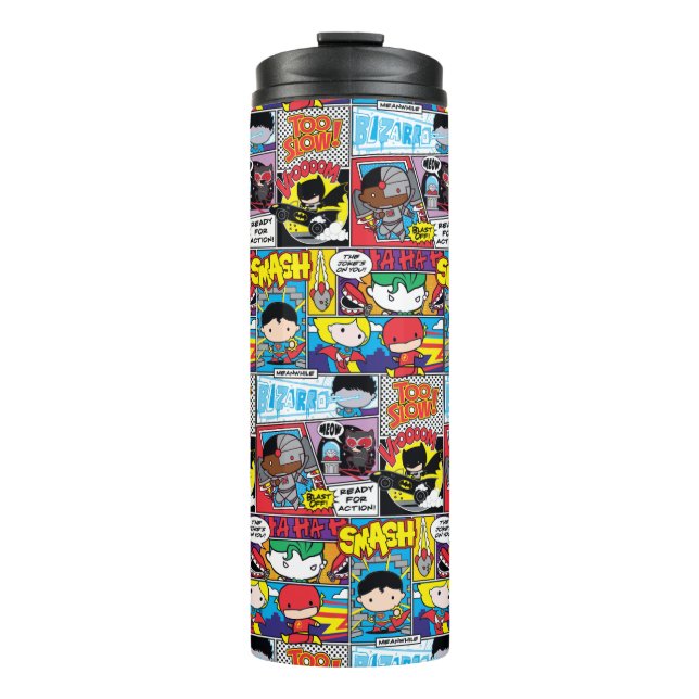 Chibi Justice League Comic Book Pattern Thermosbecher (Vorderseite)