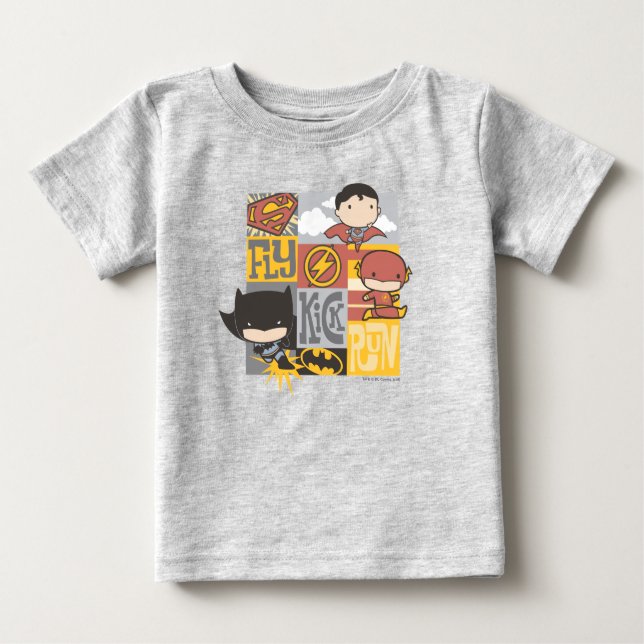 Chibi Justice League | Fliegen, Kick, Run Baby T-shirt (Vorderseite)