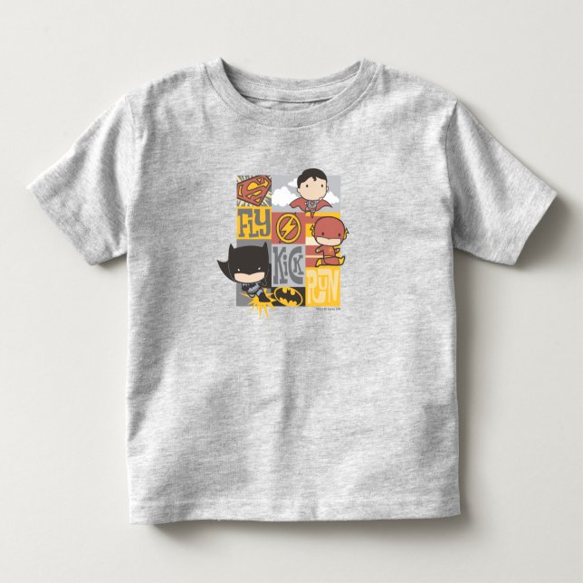 Chibi Justice League | Fliegen, Kick, Run Kleinkind T-shirt (Vorderseite)