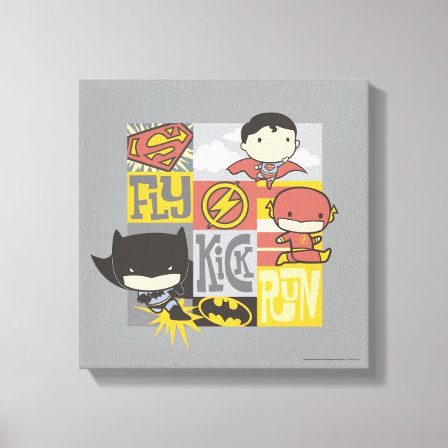 Chibi Justice League | Fliegen, Kick, Run Leinwanddruck (Vorderseite)