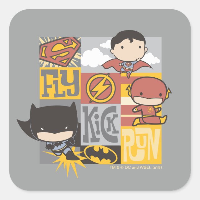 Chibi Justice League | Fliegen, Kick, Run Quadratischer Aufkleber (Vorderseite)