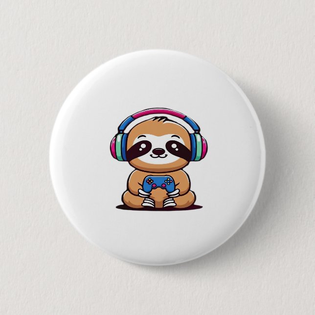 Chibi Kawaii Sloth Gamer - Niedliches Sonnentier m Button (Vorderseite)
