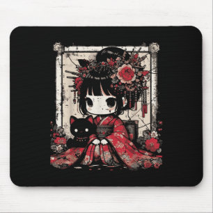 Chibi Kimono Girl Black Cat Blume Japanisch Art W Mousepad