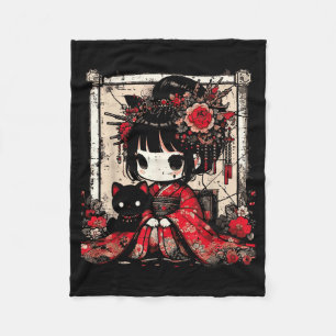 Chibi Kimono Mädchen Schwarze Katze Blumen Japanis Fleecedecke