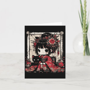 Chibi Kimono Mädchen Schwarze Katze Blumen Japanis Karte