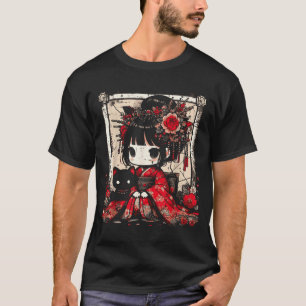 Chibi Kimono Mädchen Schwarze Katze Blumen Japanis T-Shirt