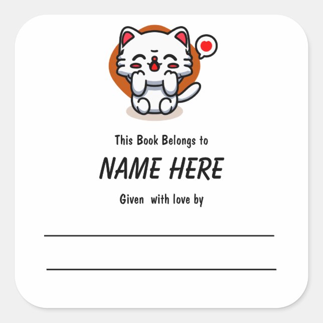 Chibi Liebe Cat Children's Buchzeichen mit Botscha Quadratischer Aufkleber (Vorderseite)