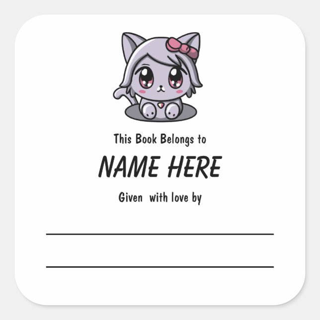 Chibi Lila Cat Children's Buchzeichen mit Botschaf Quadratischer Aufkleber (Vorderseite)