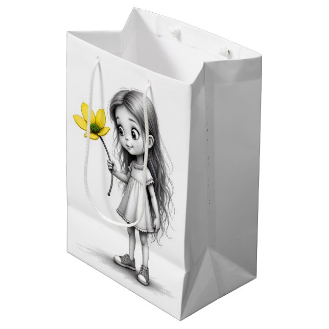 Chibi Little Girl mit gelber Blume Mittlere Geschenktüte (Vorderseite Schrägansicht)