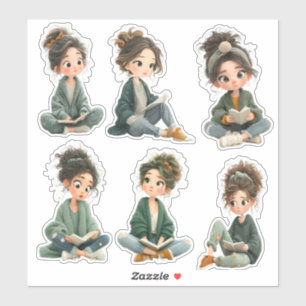 Chibi-Mädchen beim Lesen Sticker Sheet