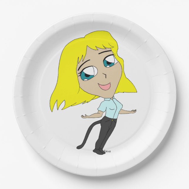 Chibi-Mädchen mit Schwanz Pappteller (Vorderseite)