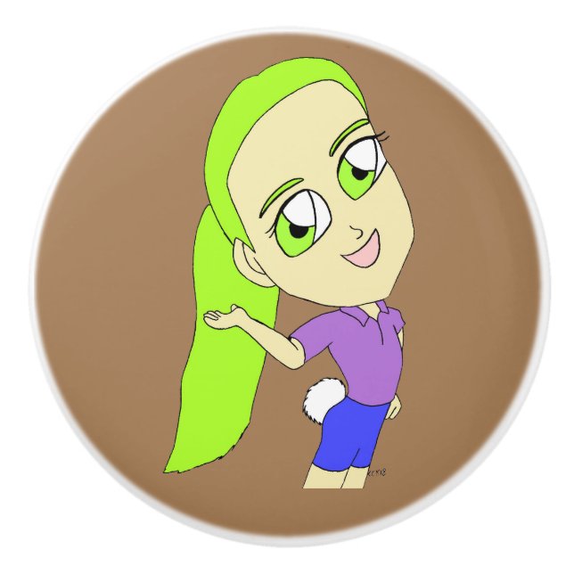 Chibi-Mädchen mit sonnigen Schwänzen Keramikknauf (Vorderseite)