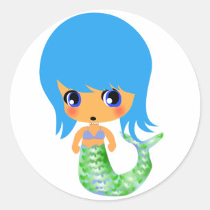 chibi magische Meerjungfrau blaues Haar Runder Aufkleber