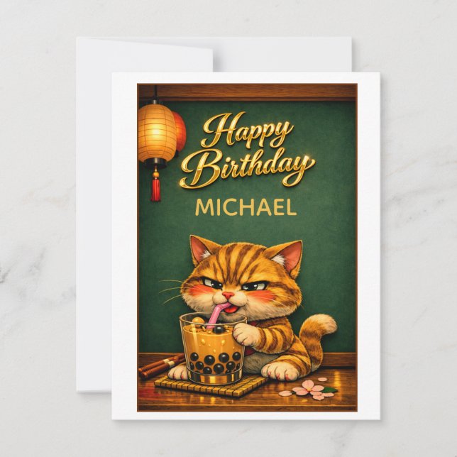 Chibi Neko Tiger Cat Boba Bubble Tee Geburtstag (Vorderseite)