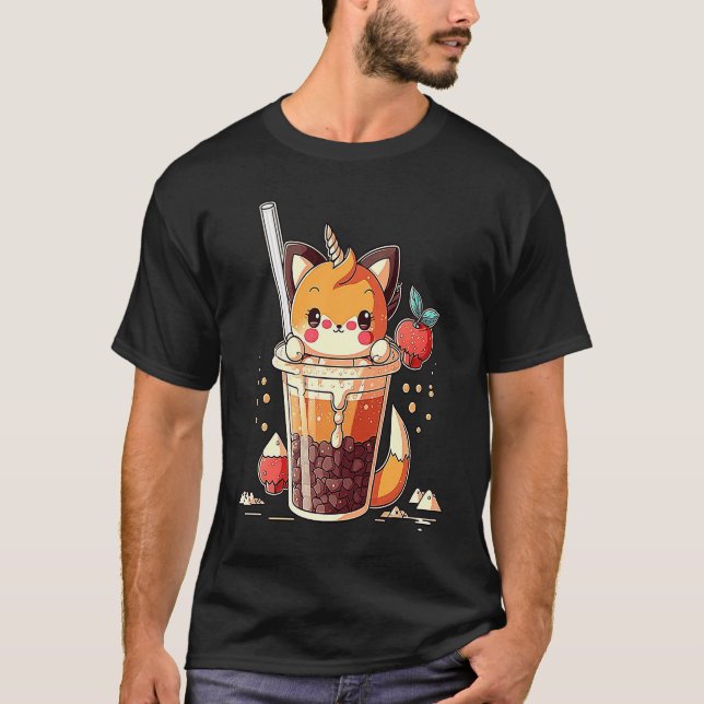 Chibi Niedlich Bubble Tea Fox Boba Tea T-Shirt (Vorderseite)