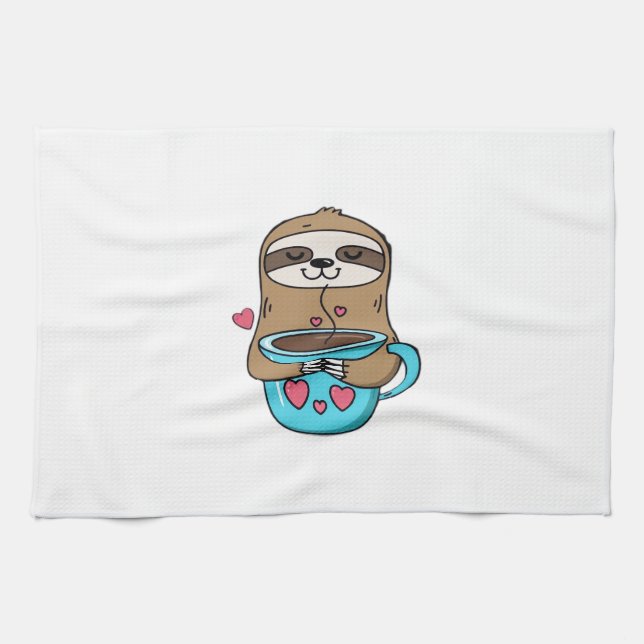 Chibi Sloth Coffee Lover � Cute Kawaii Sloth Huggi Geschirrtuch (Horizontal)