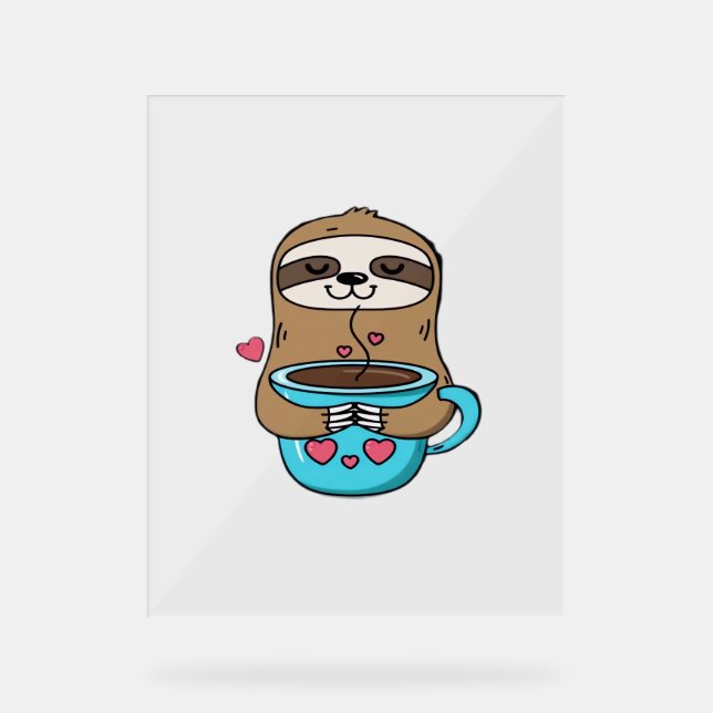 Chibi Sloth Coffee Lover - Niedlich Kawaii Sloth H Acrylschild (Vorderseite)
