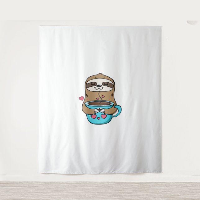 Chibi Sloth Coffee Lover - Niedlich Kawaii Sloth H Wandteppich (Vorderseite)