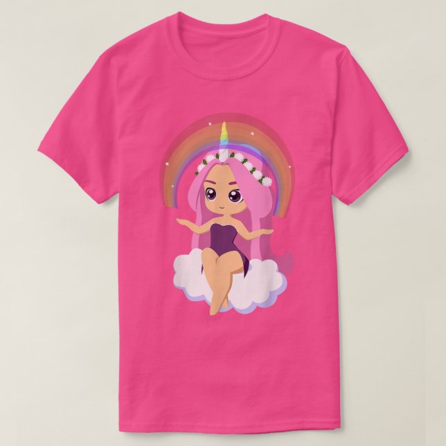 Chibi style Kawaii Anime Girl Rainbow Unicorn T-Shirt (Design vorne)