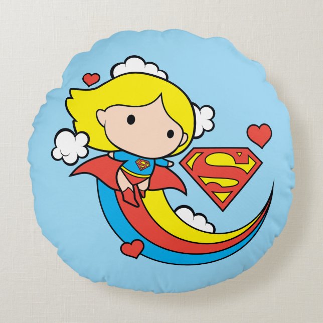 Chibi Supergirl Flying Rainbow Rundes Kissen (Vorderseite)