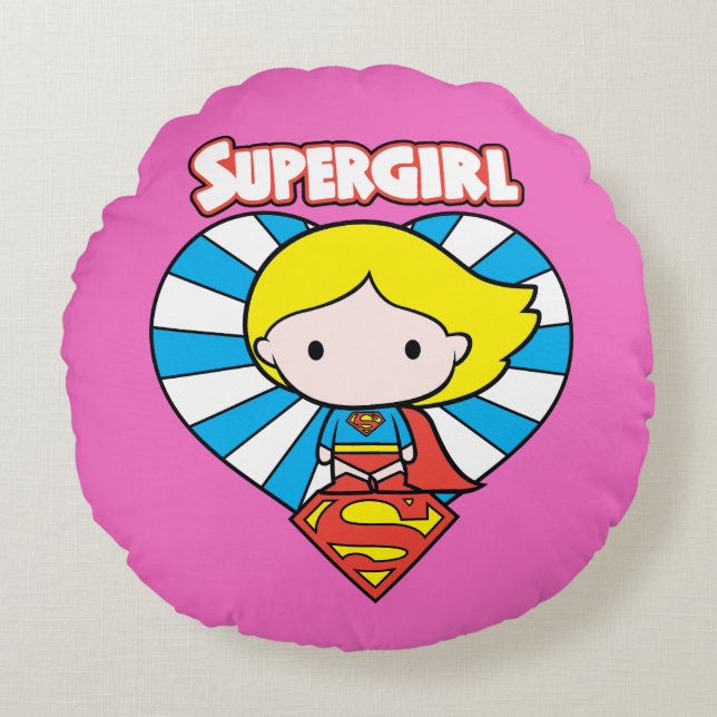 Chibi Supergirl Sternexplosion Herz und Logo Rundes Kissen (Vorderseite)