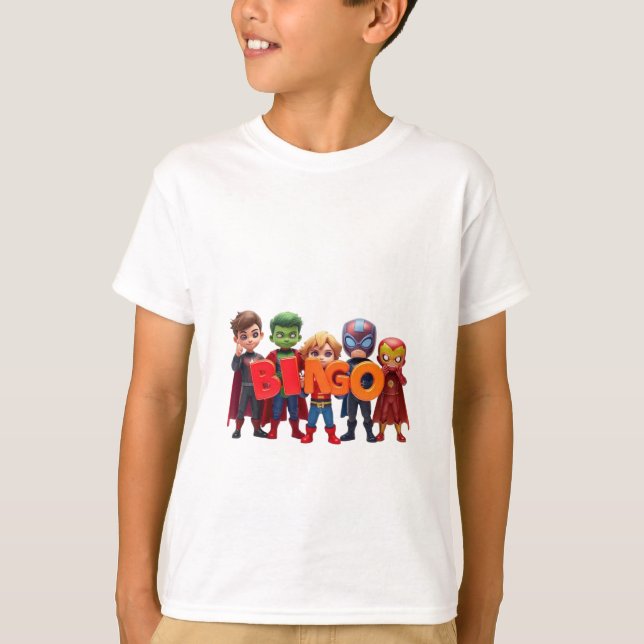 Chibi Superheroes Spell "BINGO" T-Shirt (Vorderseite)