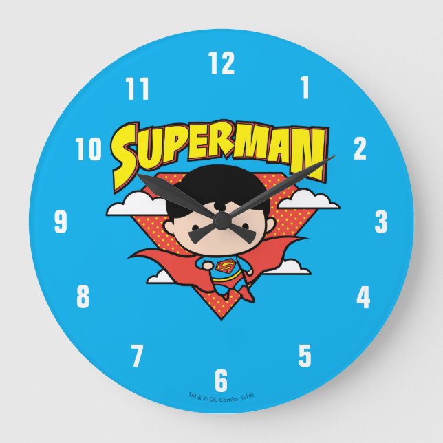 Chibi Superman Polka Dot Shield und Name Große Wanduhr (Vorderseite)