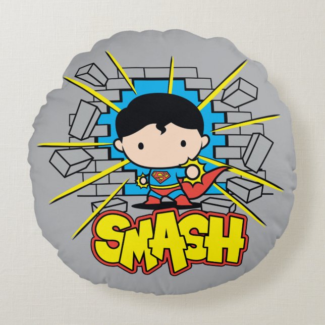 Chibi Superman schleicht durch eine Ziegelwand Rundes Kissen (Vorderseite)