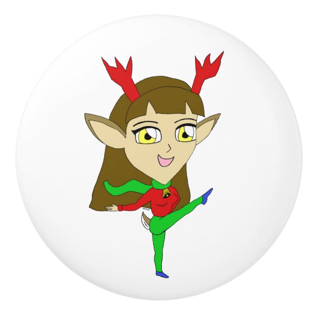 Chibi tanzend Rentiermädchen Keramikknauf (Vorderseite)
