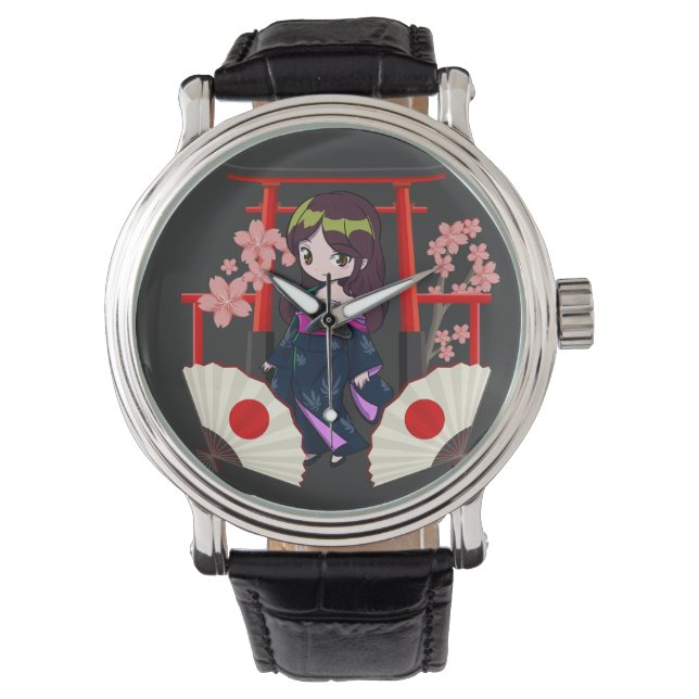 Chibi Traditionelles japanisches Girl Armbanduhr (Vorderseite)