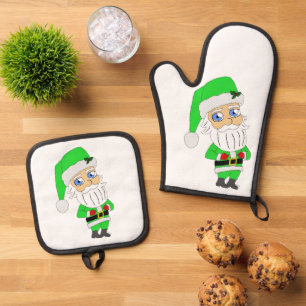 Chibi-Weihnachtsmann im grünen Anzug Ofenhandschuh & Topflappen-Set