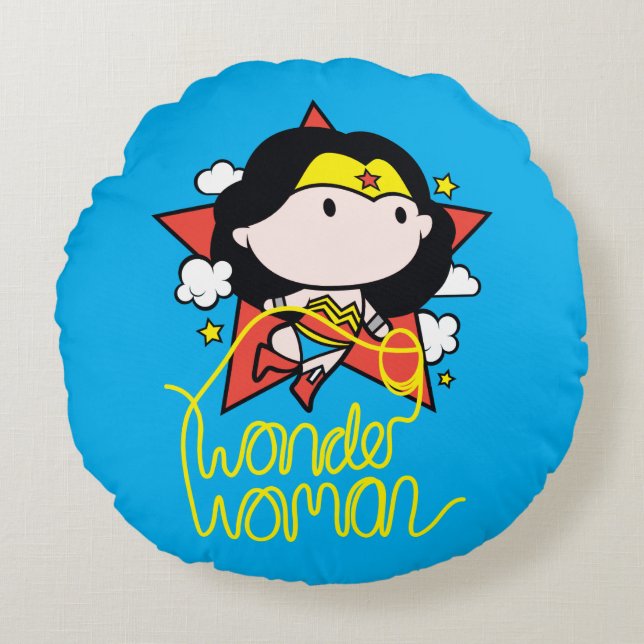 Chibi Wonder Frau fliegt mit Lasso Rundes Kissen (Vorderseite)