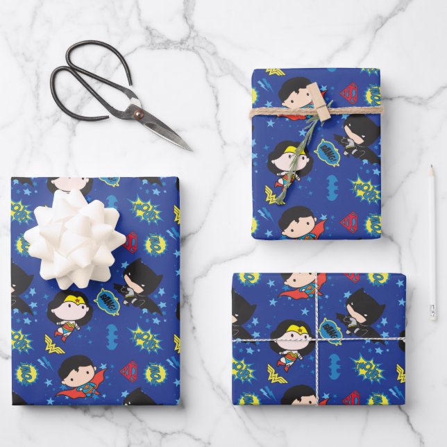 Chibi Wonder Woman, Superman und Batman Pattern Geschenkpapier Set (Vorderseite)