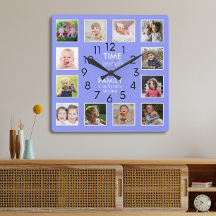 Chic 12 Foto Collage Family Time Quote Periwinkle Quadratische Wanduhr