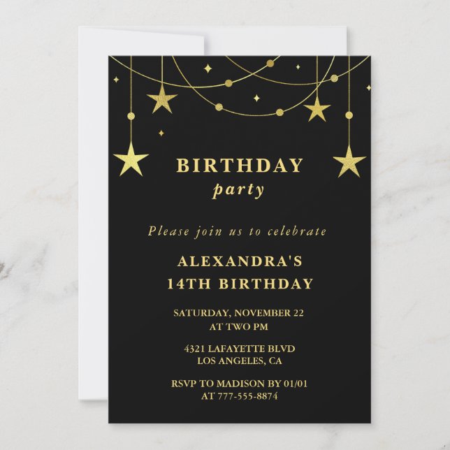 Chic 14e anniversaire invitation de fête Gold Star (Devant)