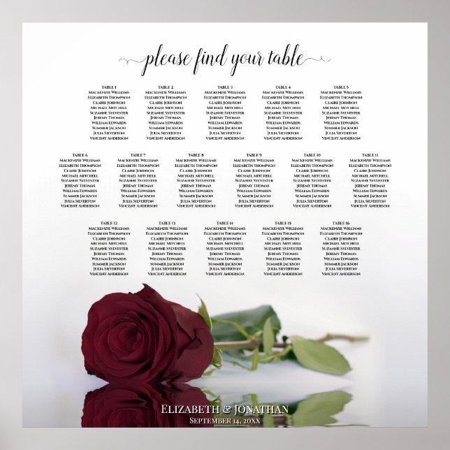 Chic 16 Table Burgundy Rose Hochzeitsdiagramm Poster (Vorne)