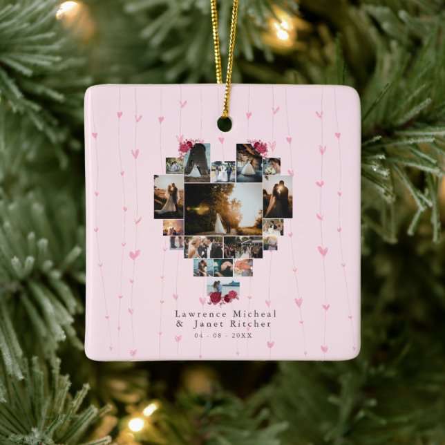 Chic 18 Heart shaped Photo Collage couples gifts Keramikornament (Baum)