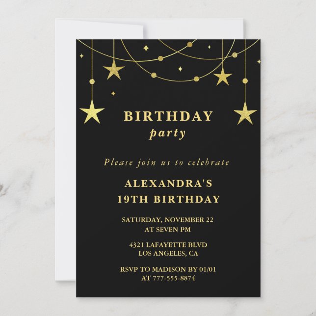 Chic 19e anniversaire invitation de fête Gold Star (Devant)