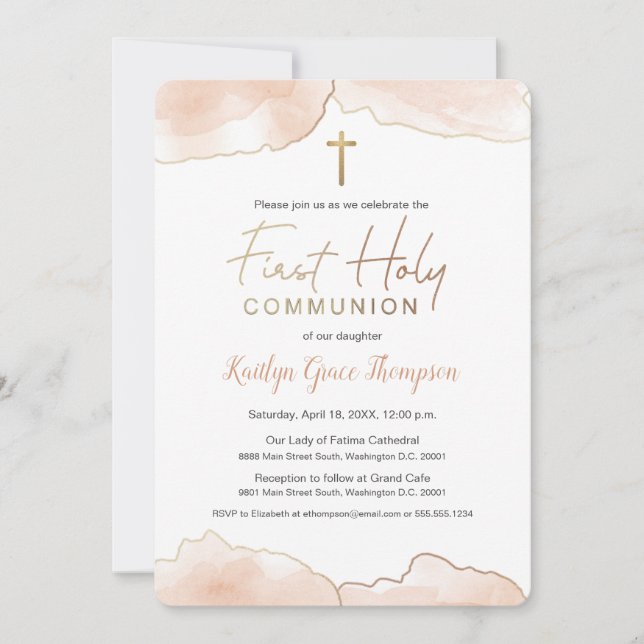 Chic 1. Communion Airy Soft pink Aquarell Einladung (Vorderseite)