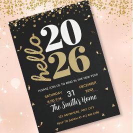 Chic 2026 Silvesterparty Gold Glitter Schwarz Einladung
