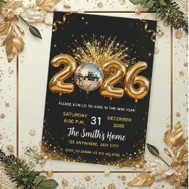 Chic 2026 Silvesterparty Gold Glitter Schwarz Einladung