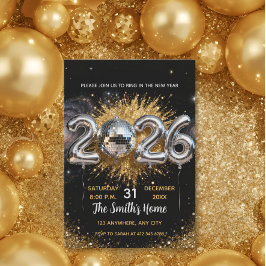 Chic 2026 Silvesterparty Gold Glitter Schwarz Einladung